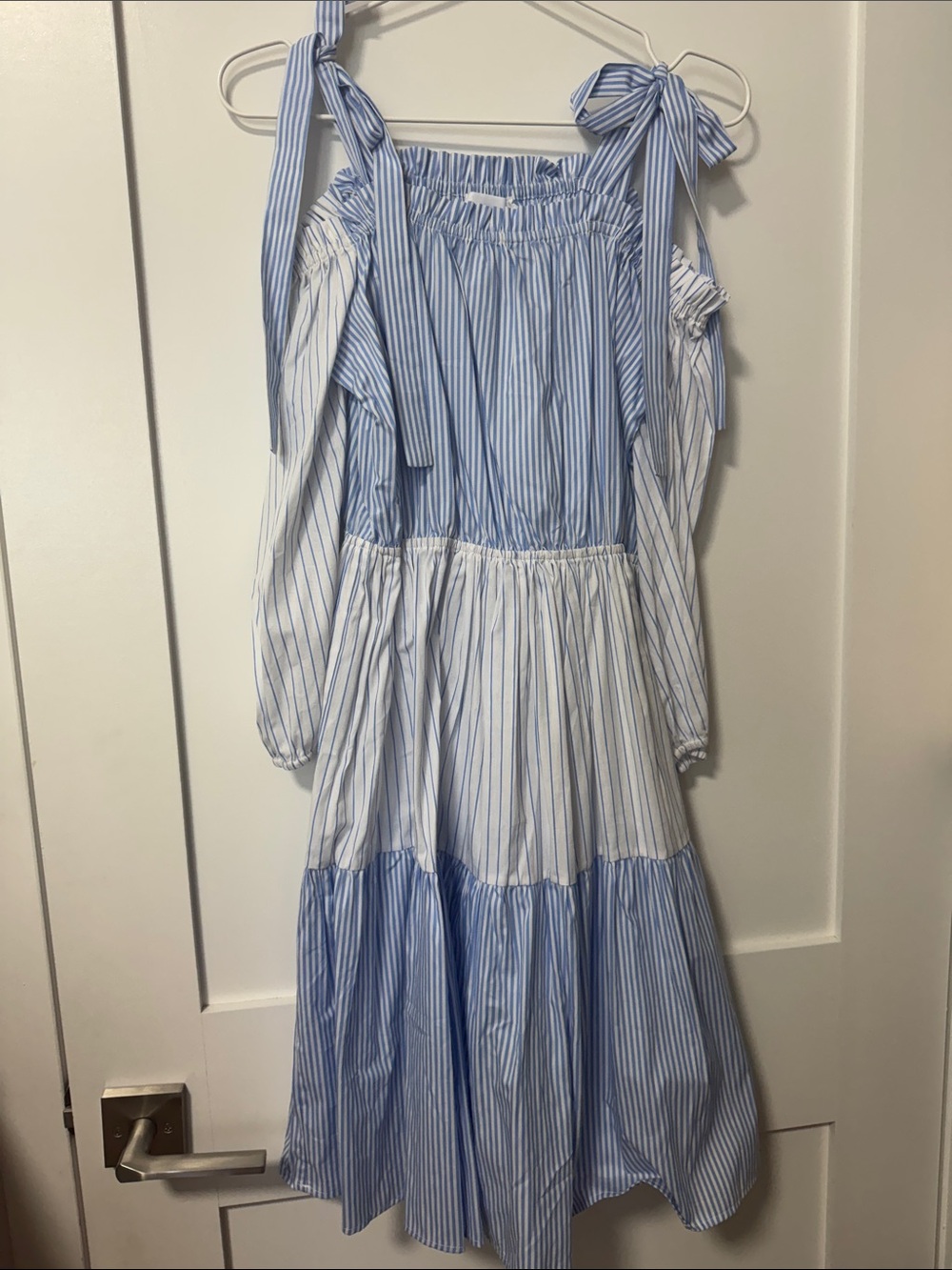Line & Dot Blue and White Striped Tiered Dress with Shoulder Ties